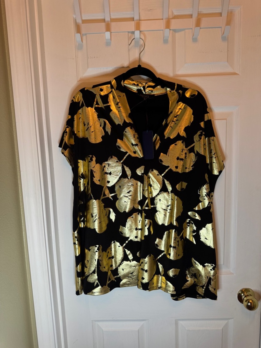 Rachel Black Top with Metallic Gold Floral Accents